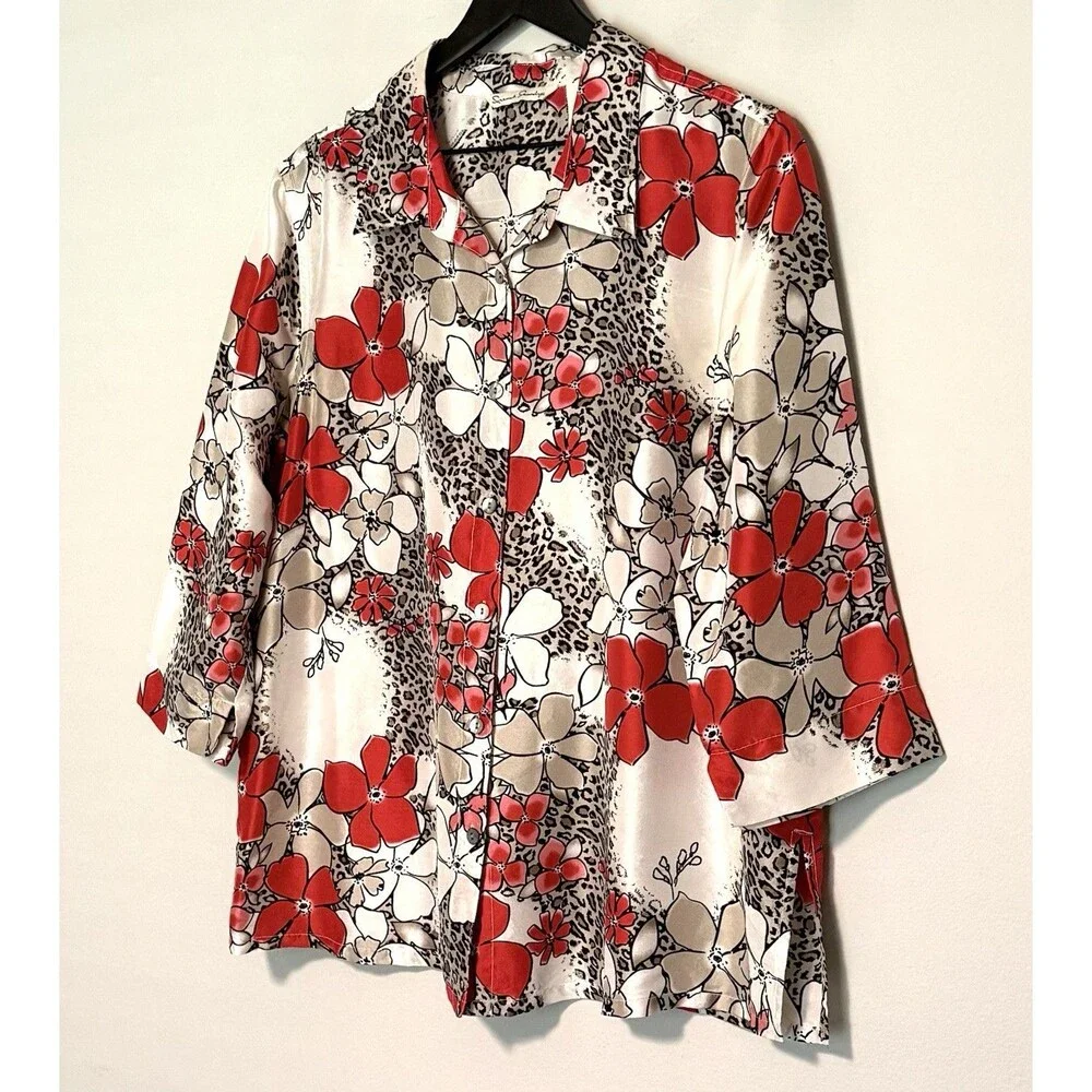 French Laundry 100% Silk Blouse Sz XL Floral Animal Print Boho Artsy